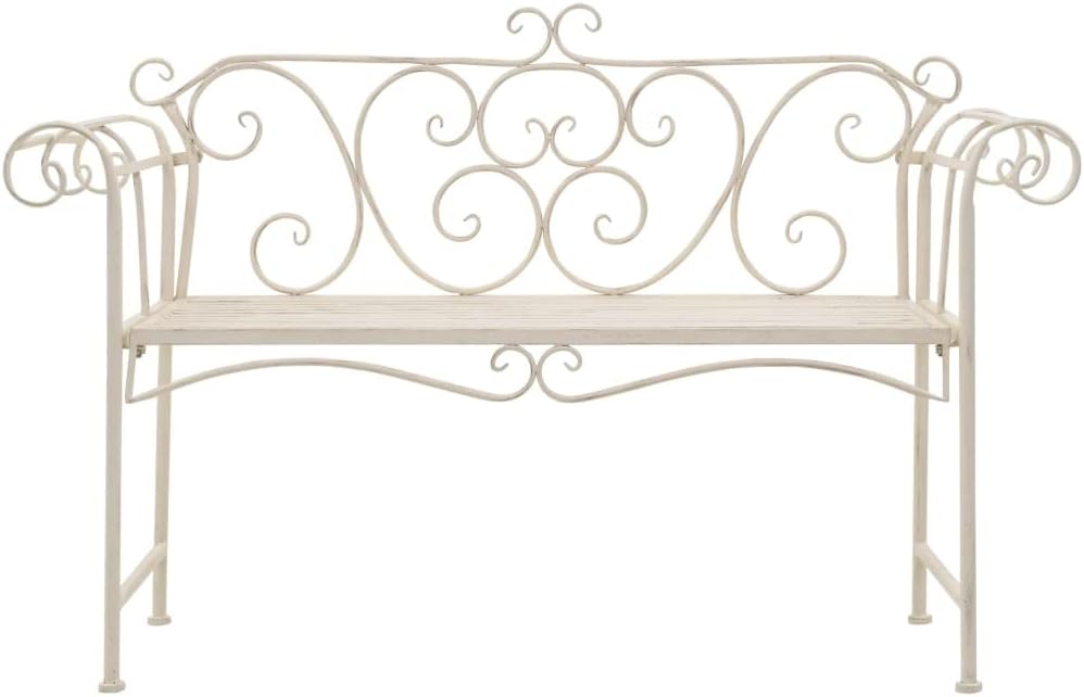 Antique White Scroll Vintage Metal Garden Bench