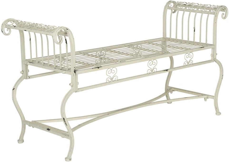 Antique White Scrollwork Iron Garden Bench