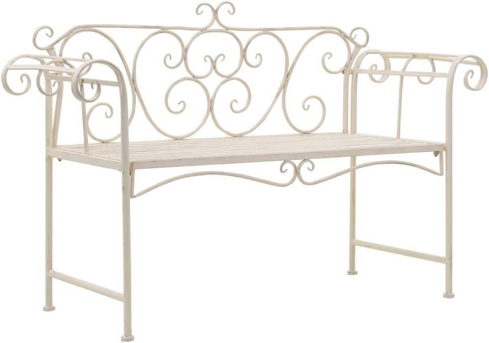 Antique White Scroll Vintage Metal Garden Bench