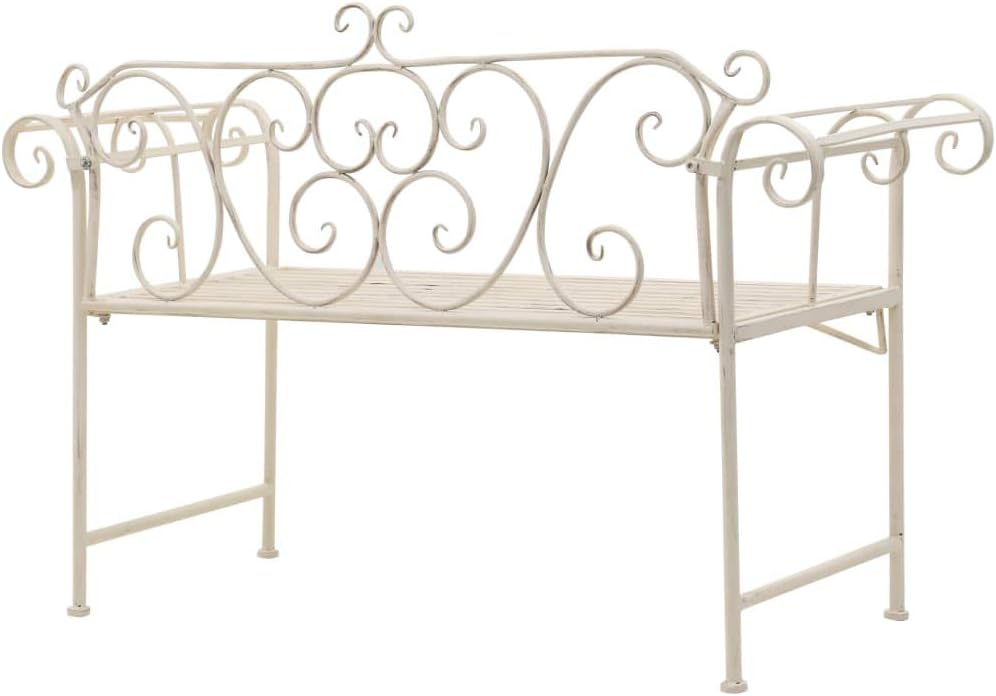 Antique White Scroll Vintage Metal Garden Bench