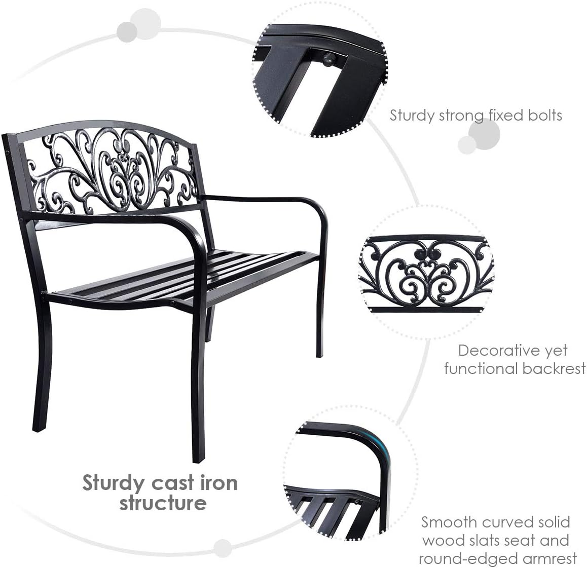 Black Floral Scroll Steel Outdoor Garden Bench