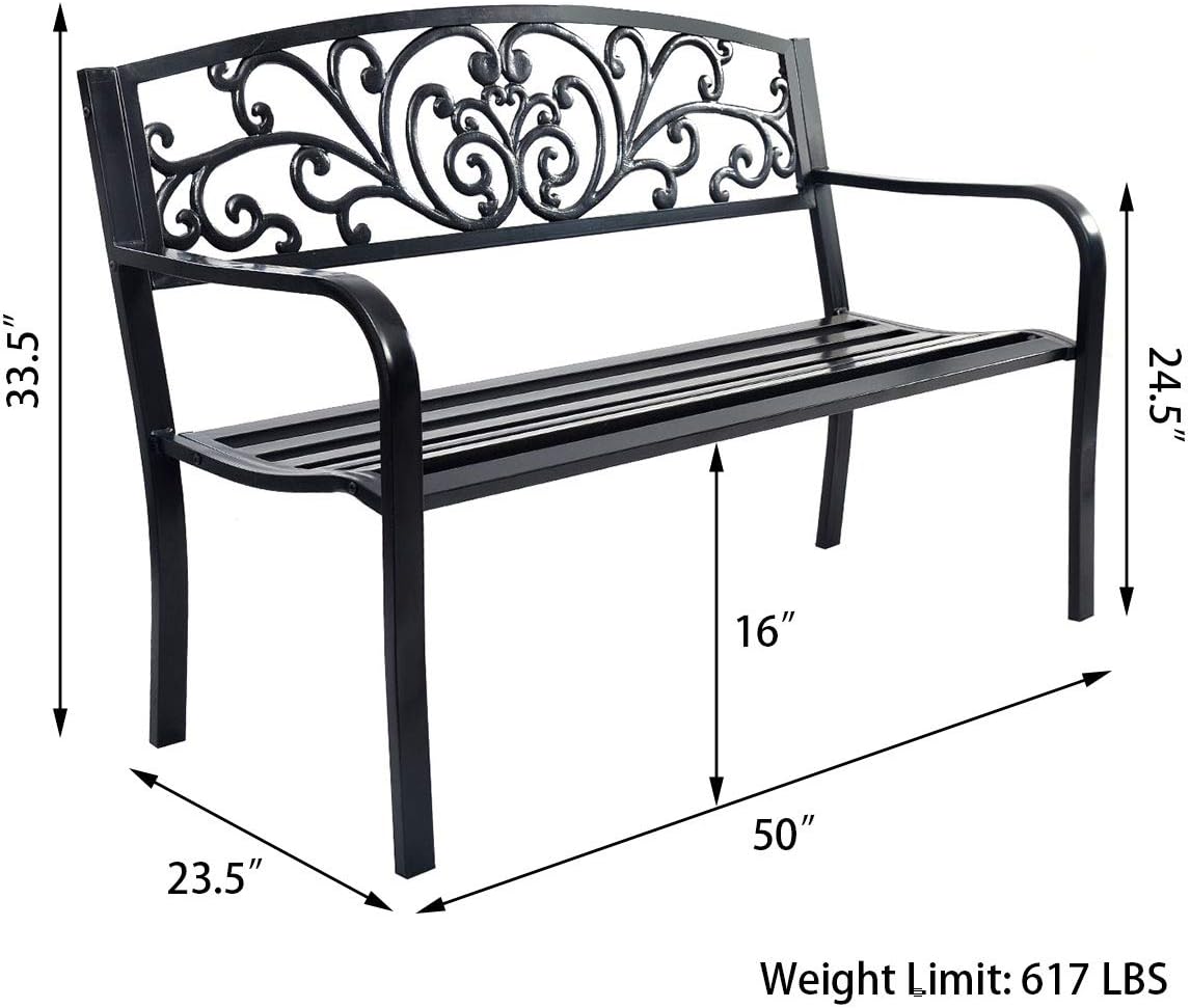 Black Floral Scroll Steel Outdoor Garden Bench