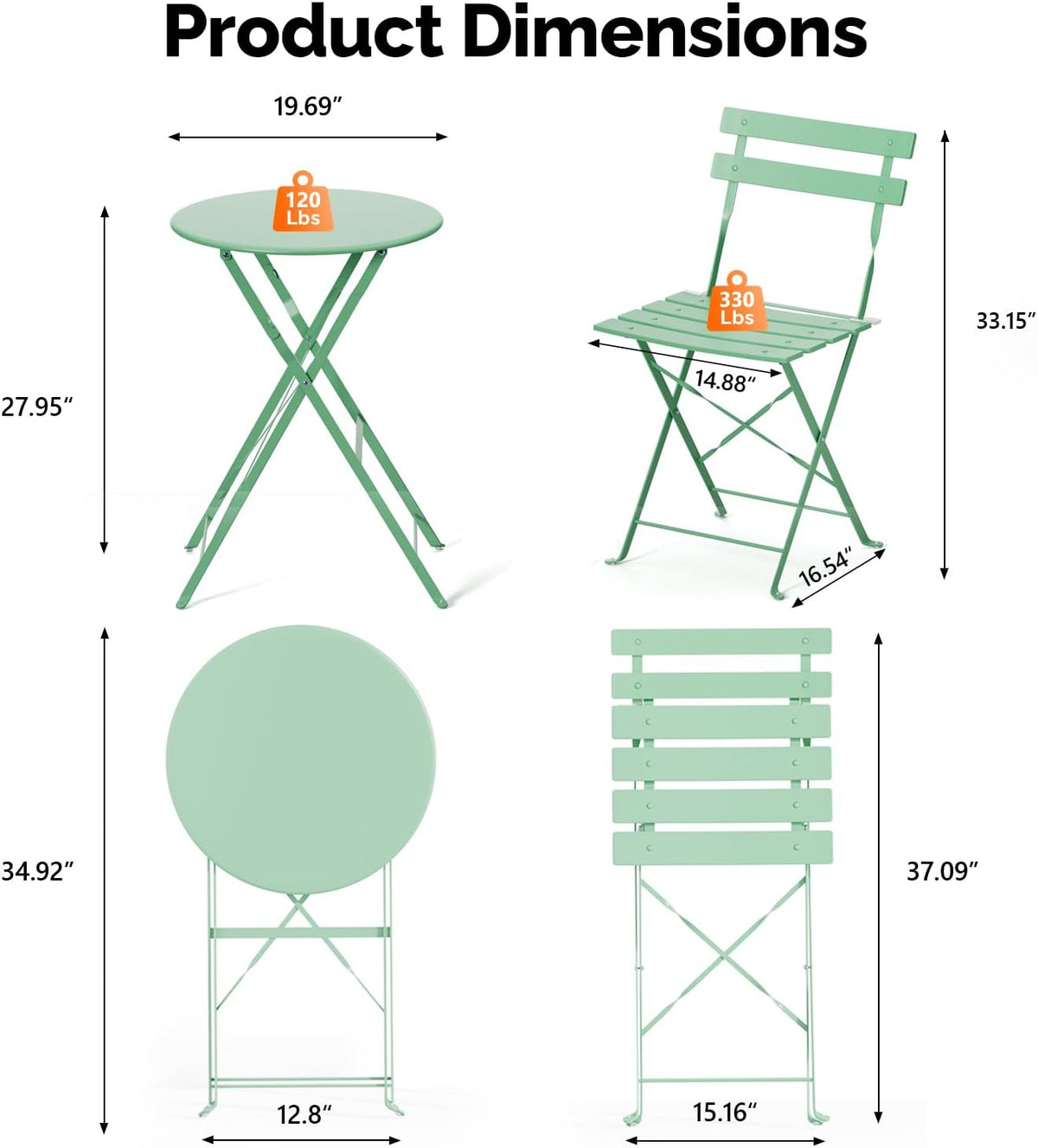 Green Steel Cushioned 3 Piece Patio Bistro Set