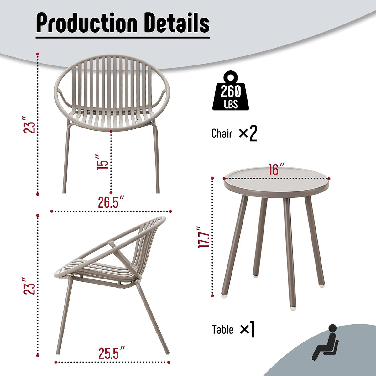 Gray Weatherproof 3 Piece Patio Bistro Set
