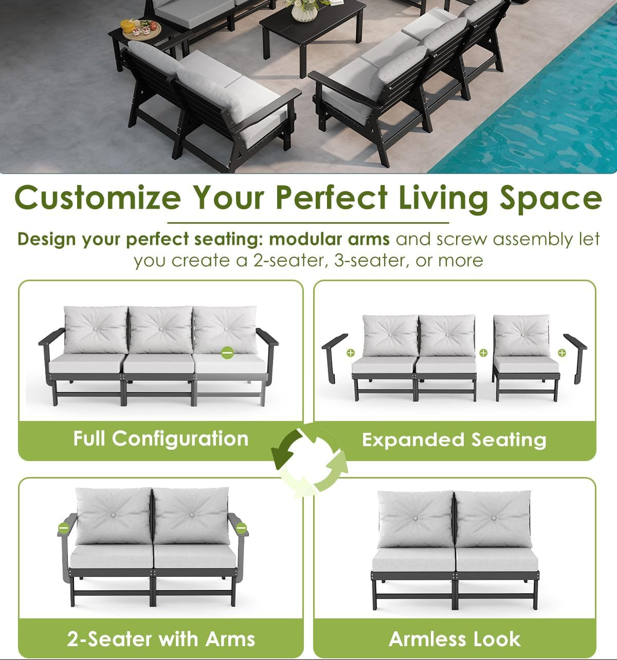 Black HDPE 9 Piece Patio Sofa Set