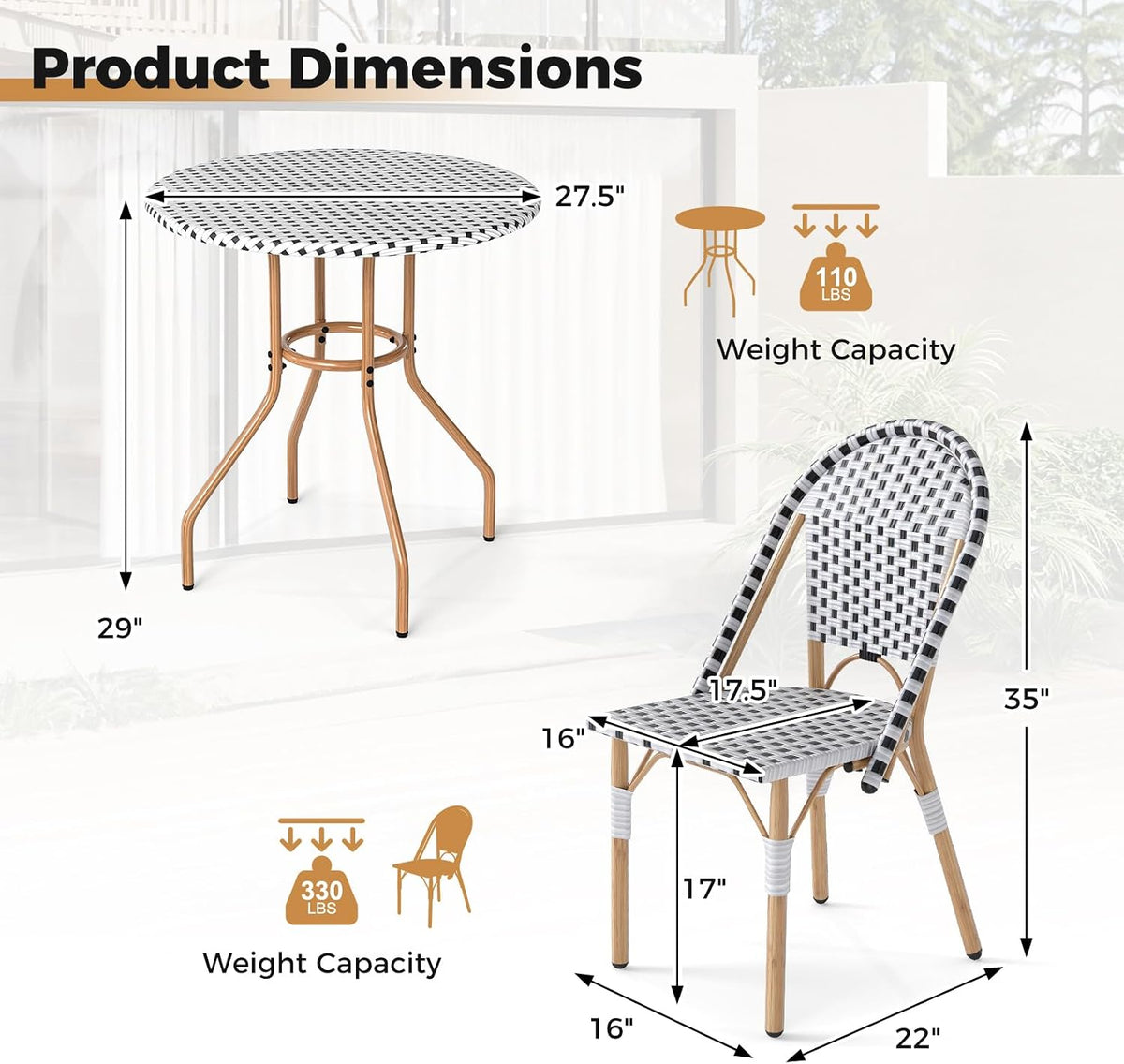 Wicker Metal 3 Piece French Patio Bistro Set