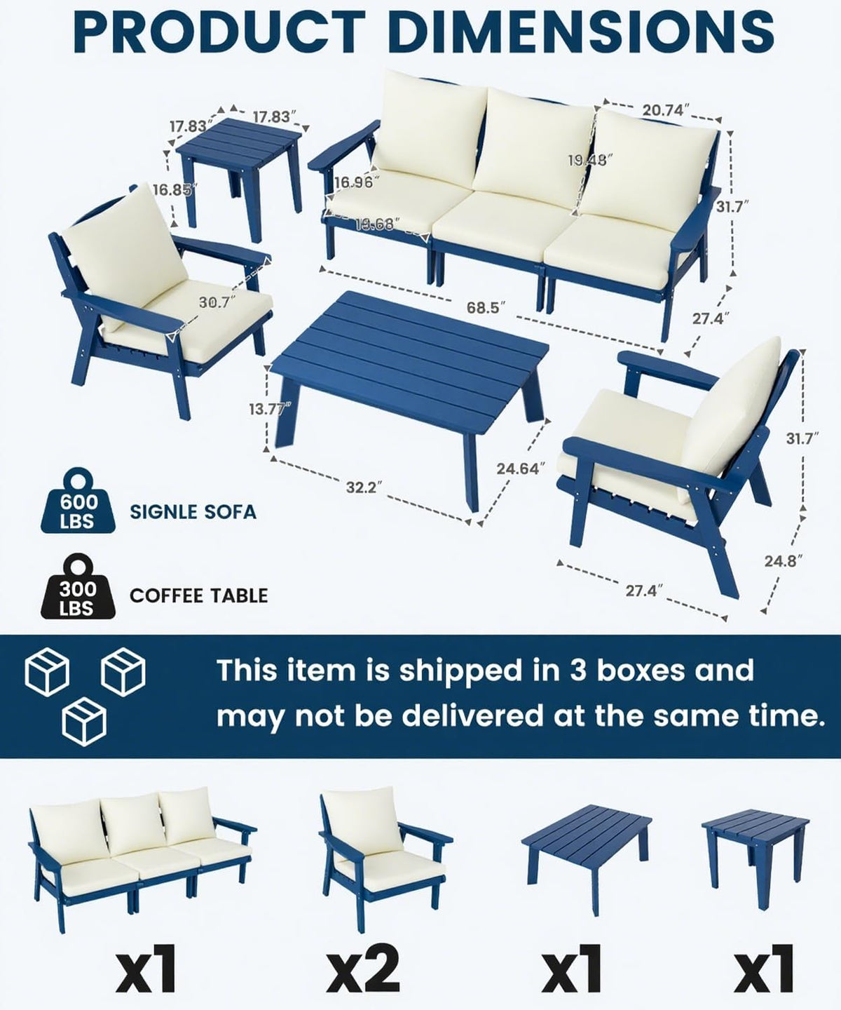 Navy HDPE 7 Piece Patio Sofa Set