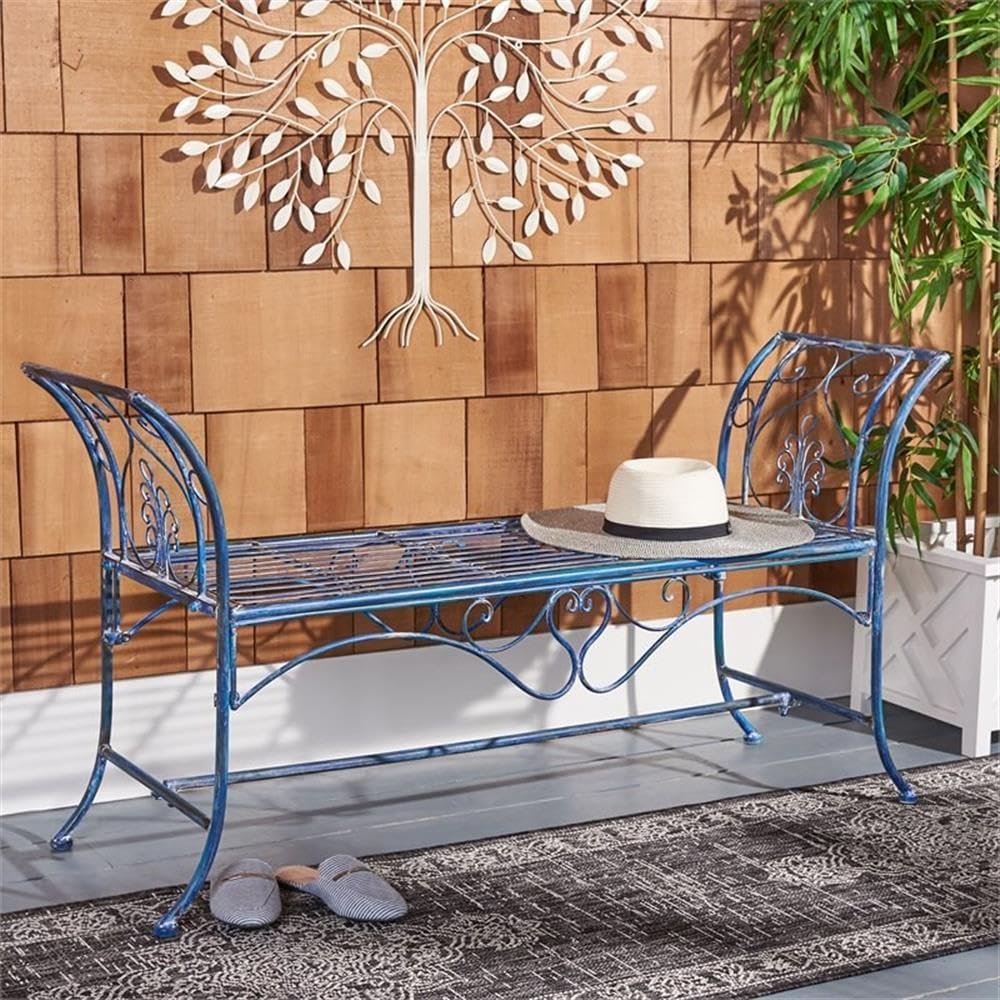 Antique Blue Victorian Wrought Iron Garden Bench