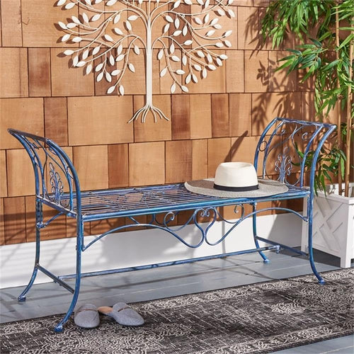 Antique Blue Victorian Wrought Iron Garden Bench