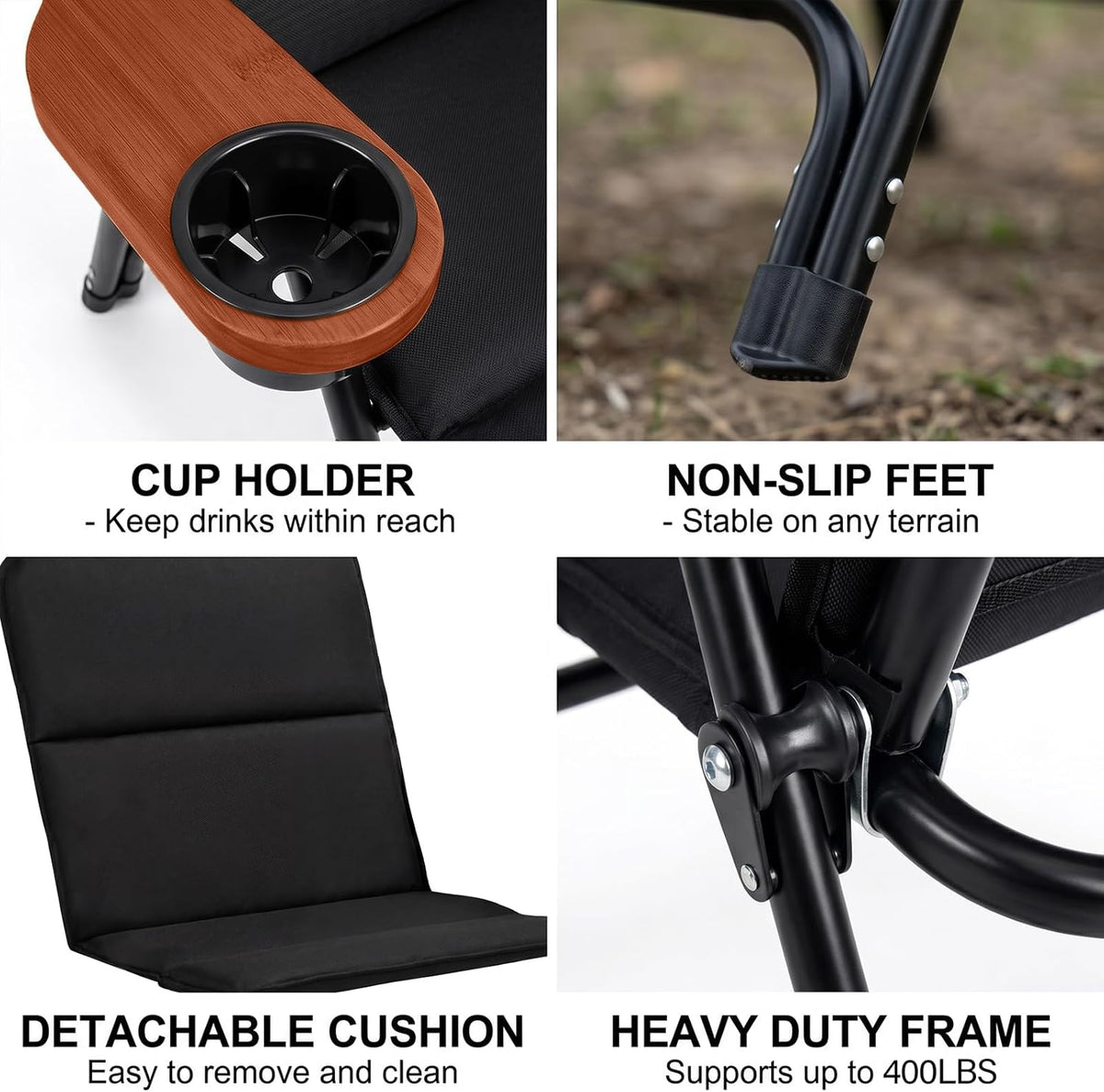 Black Wood Arm Padded Folding Camping Chair
