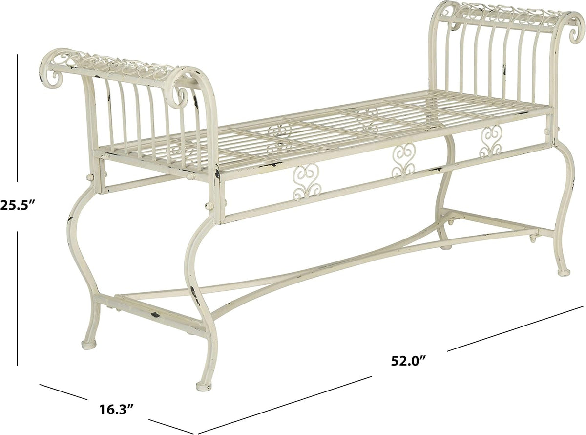Antique White Scrollwork Iron Garden Bench