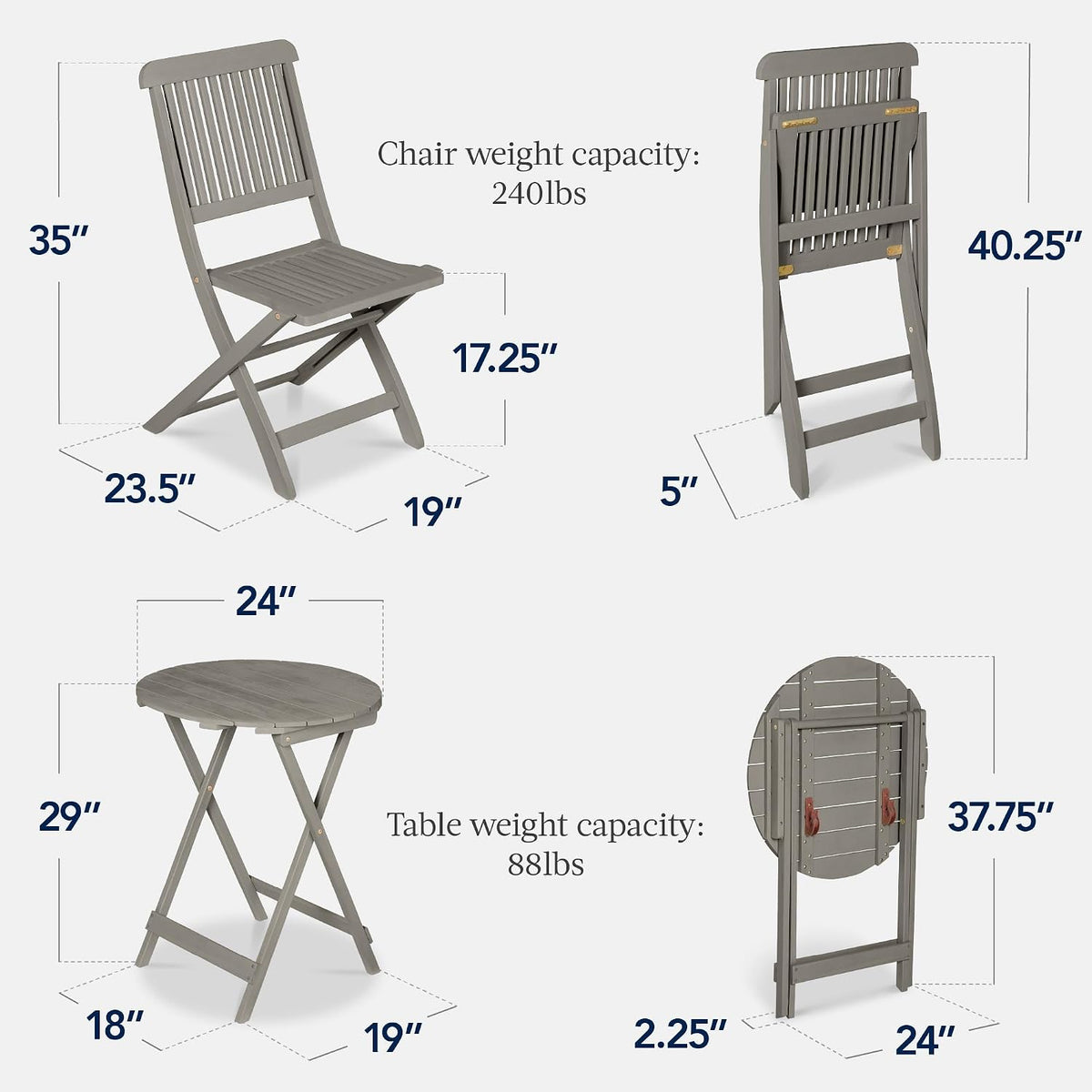 Gray Acacia Wood 3 Piece Patio Bistro Set