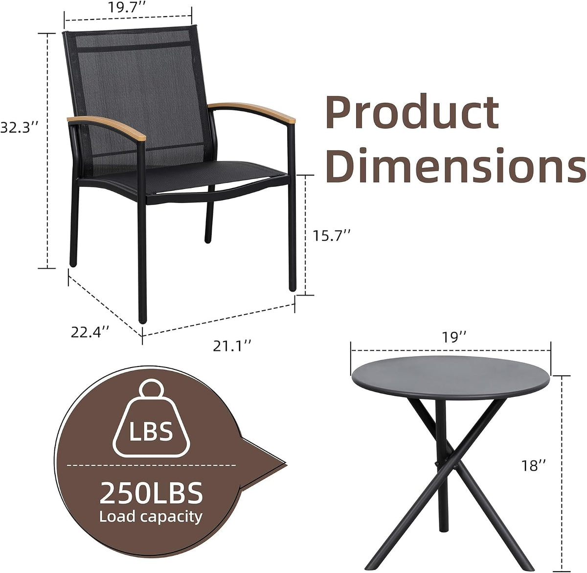 Black Textilene 3 Piece Patio Bistro Set