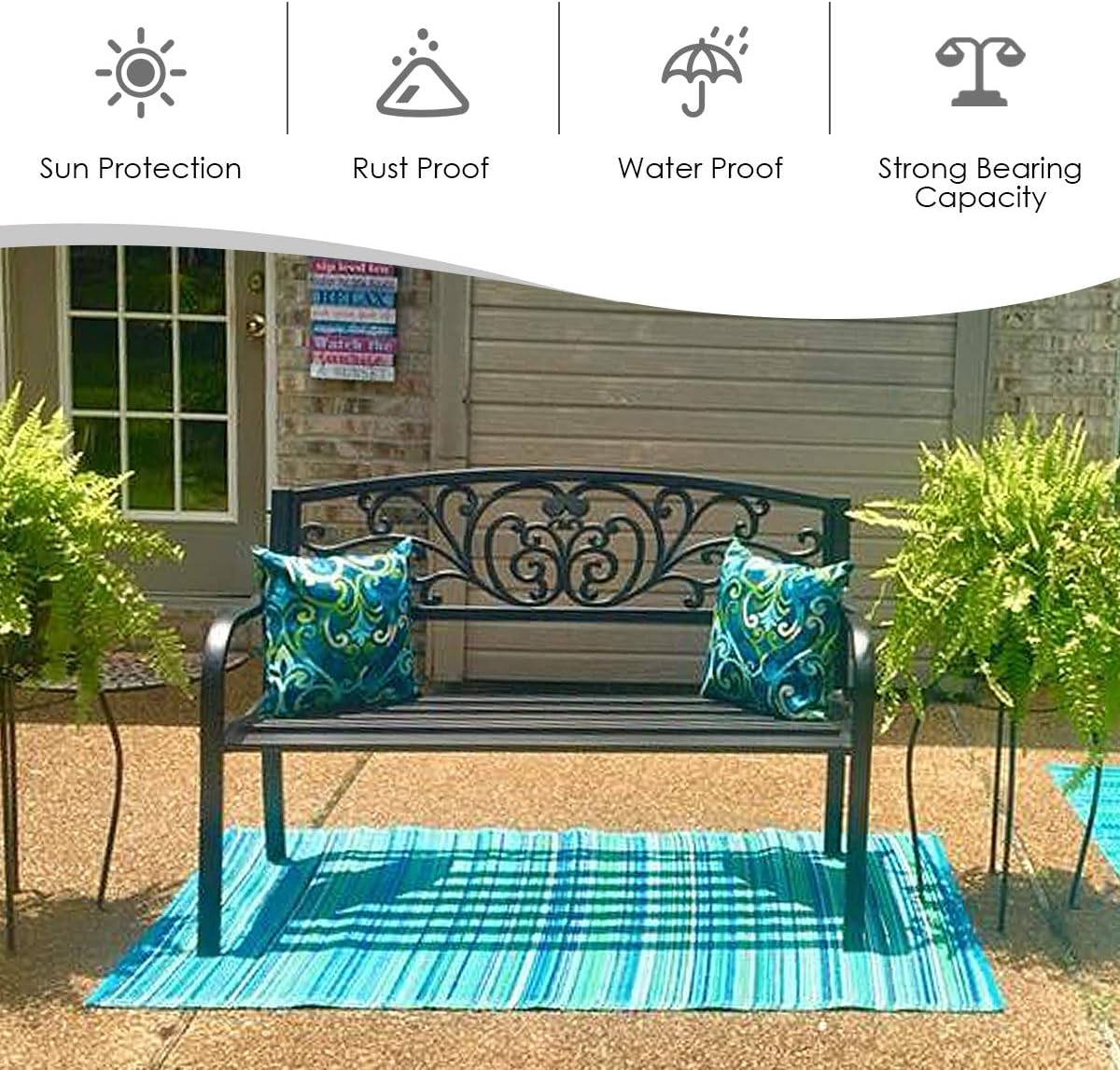 Black Floral Scroll Steel Outdoor Garden Bench