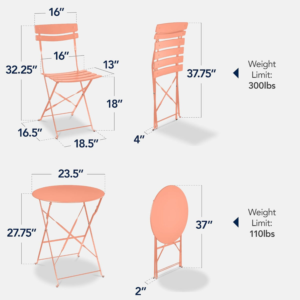 Coral Steel Folding 3 Piece Patio Bistro Set