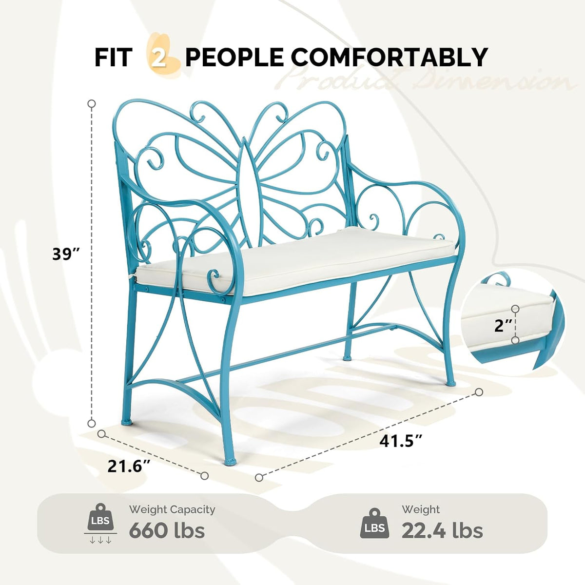 Blue Cast Iron Butterfly Outdoor Patio Bench