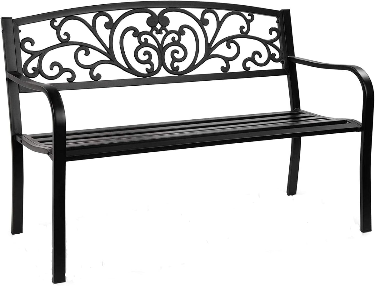 Black Floral Scroll Steel Outdoor Garden Bench
