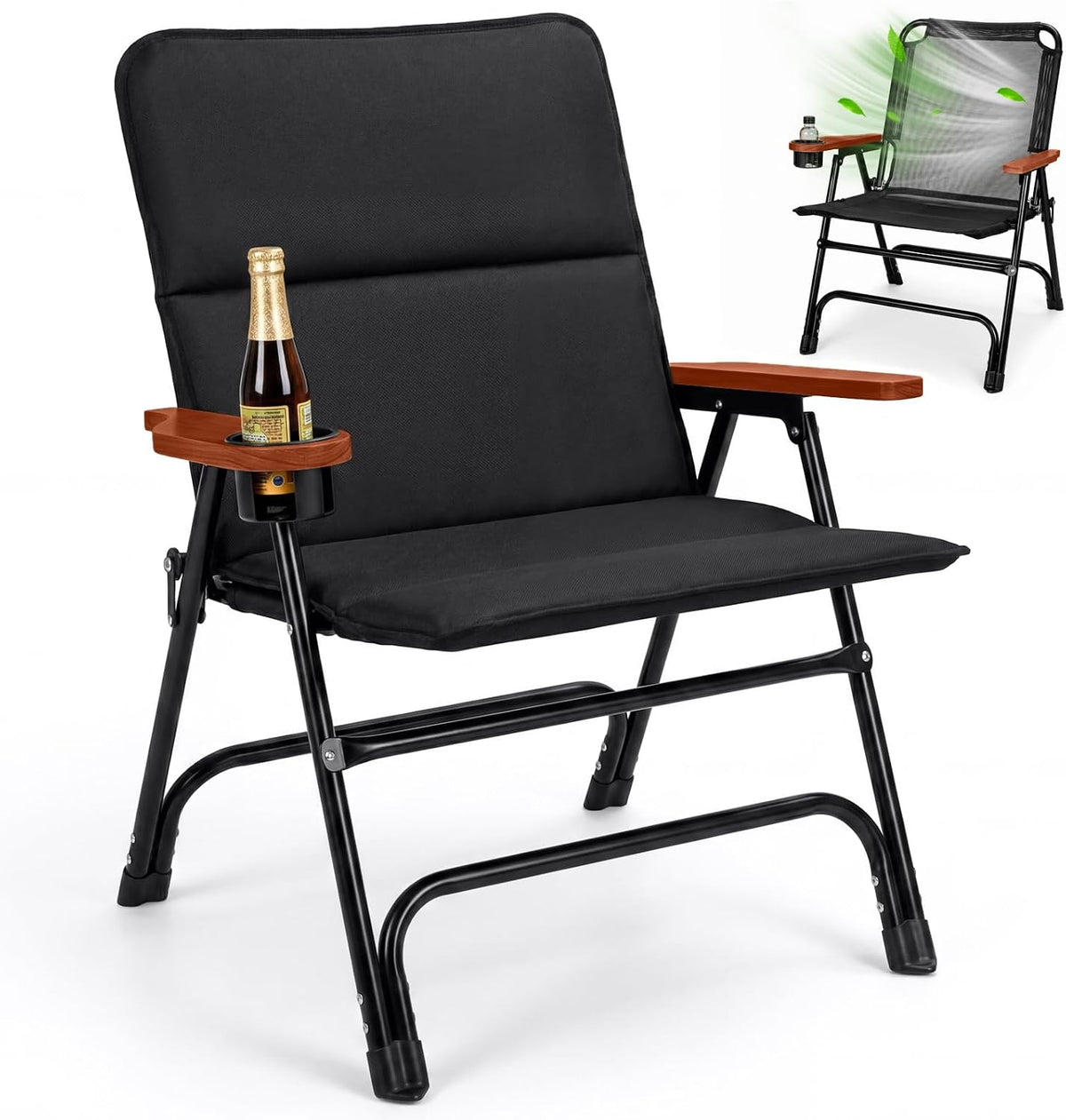 Black Wood Arm Padded Folding Camping Chair