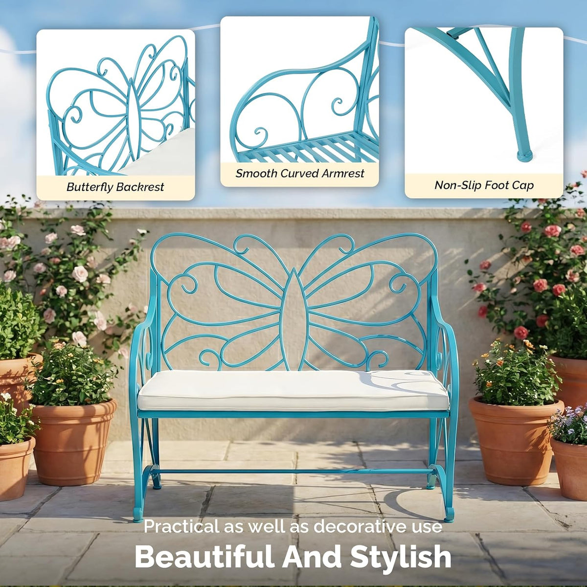 Blue Cast Iron Butterfly Outdoor Patio Bench