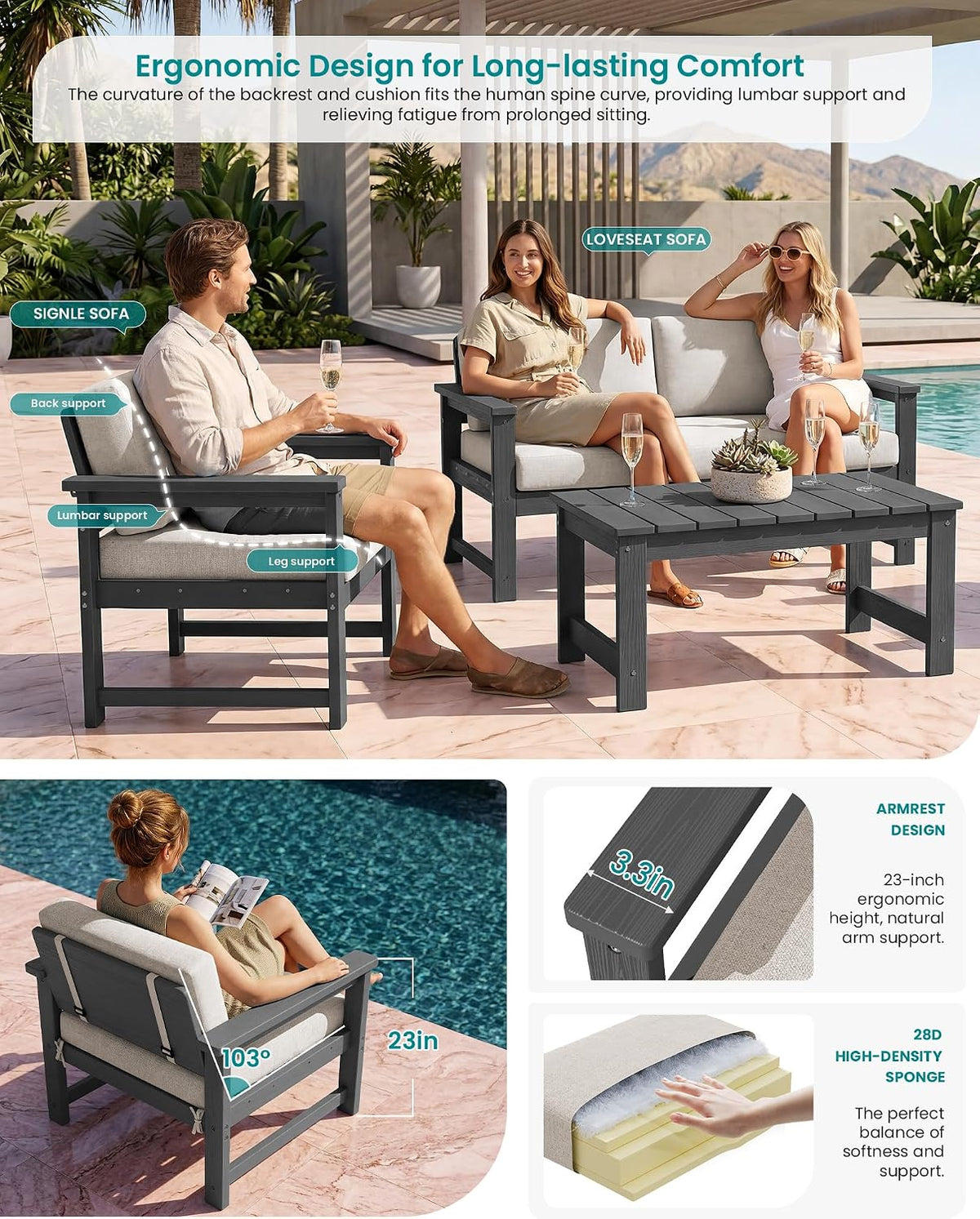 Grey HDPE 4 Piece Patio Sofa Set