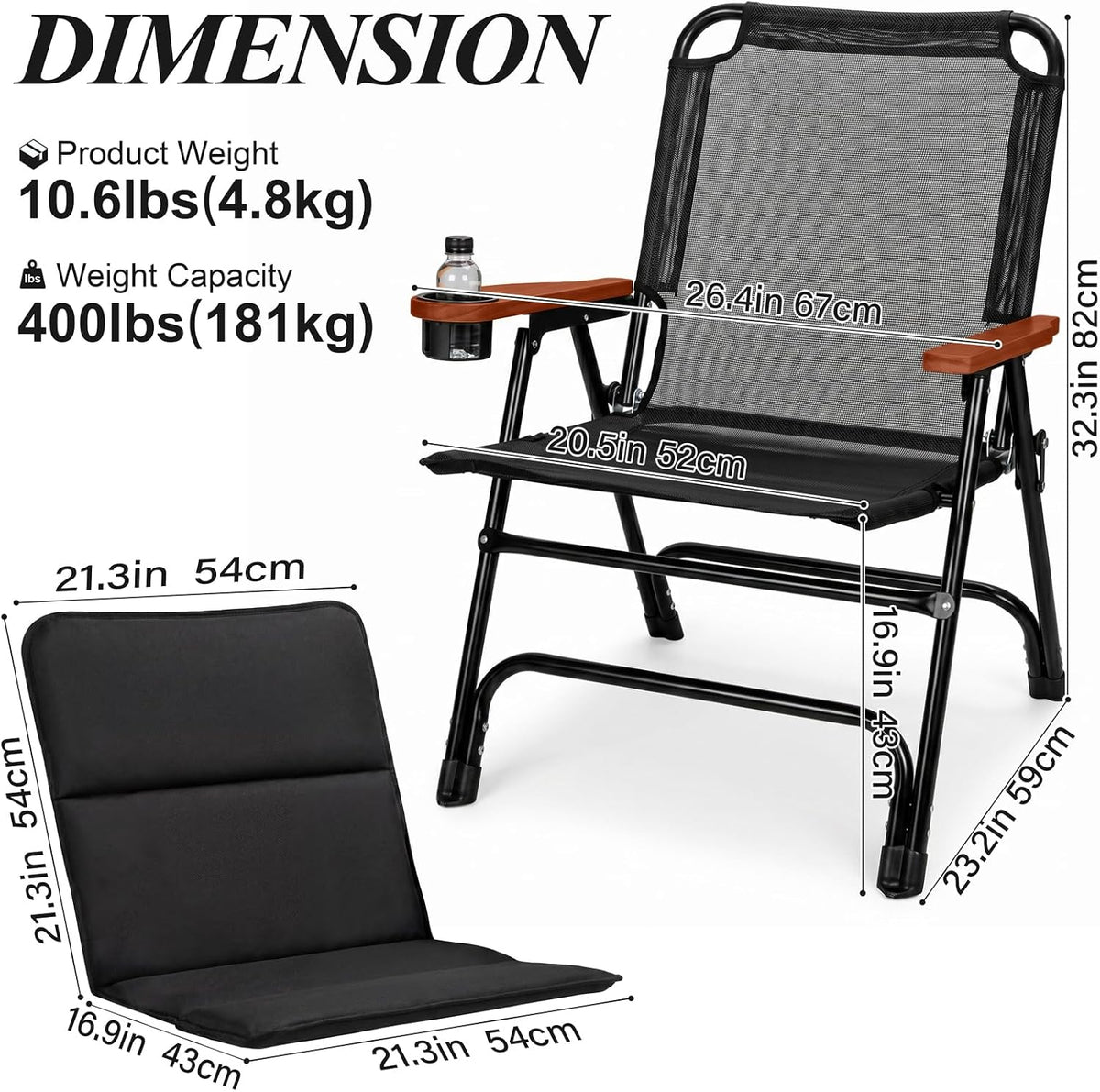 Black Wood Arm Padded Folding Camping Chair