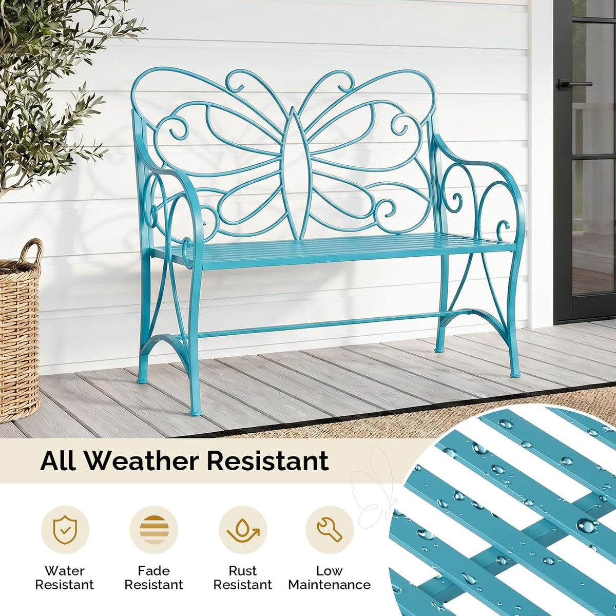 Blue Cast Iron Butterfly Outdoor Patio Bench
