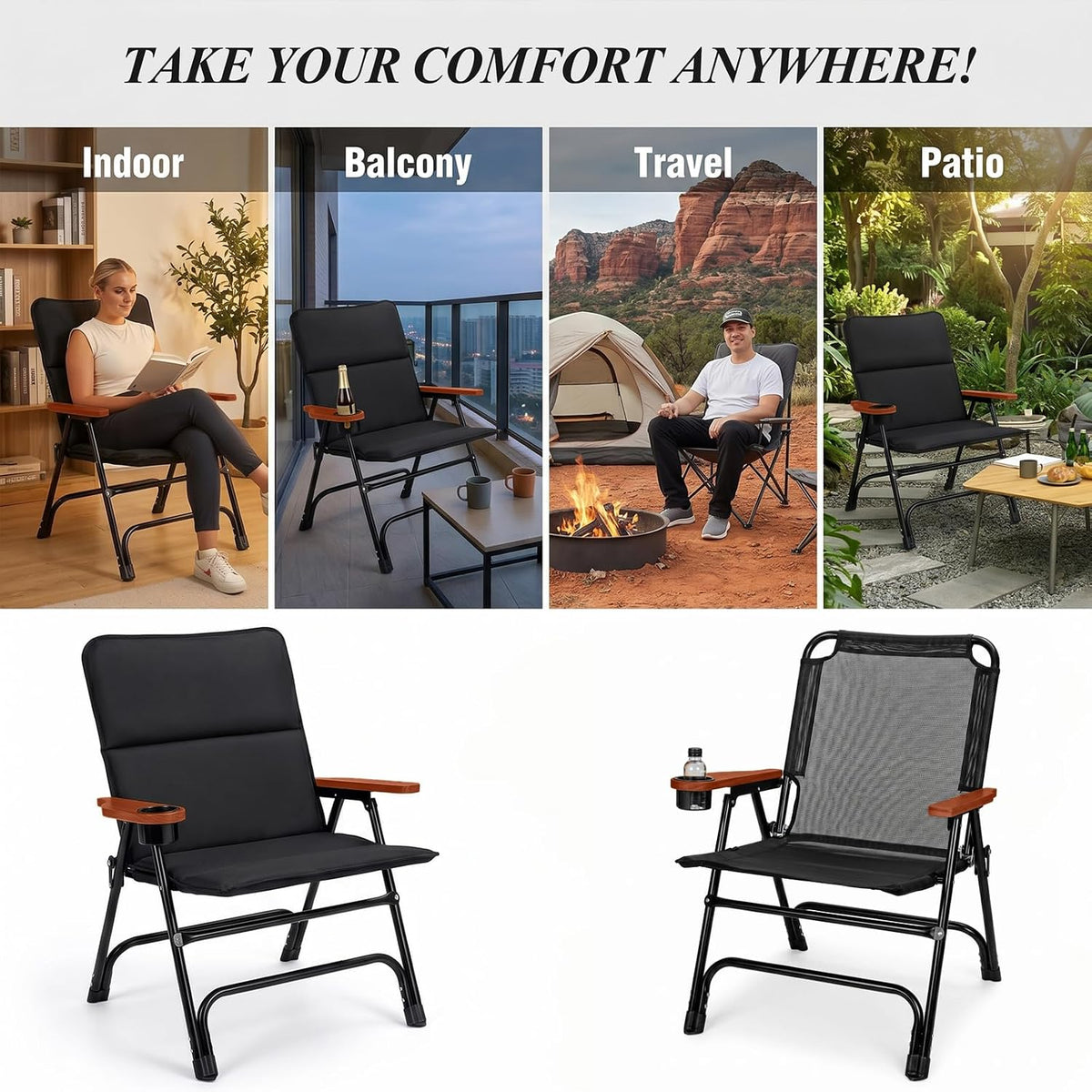 Black Wood Arm Padded Folding Camping Chair