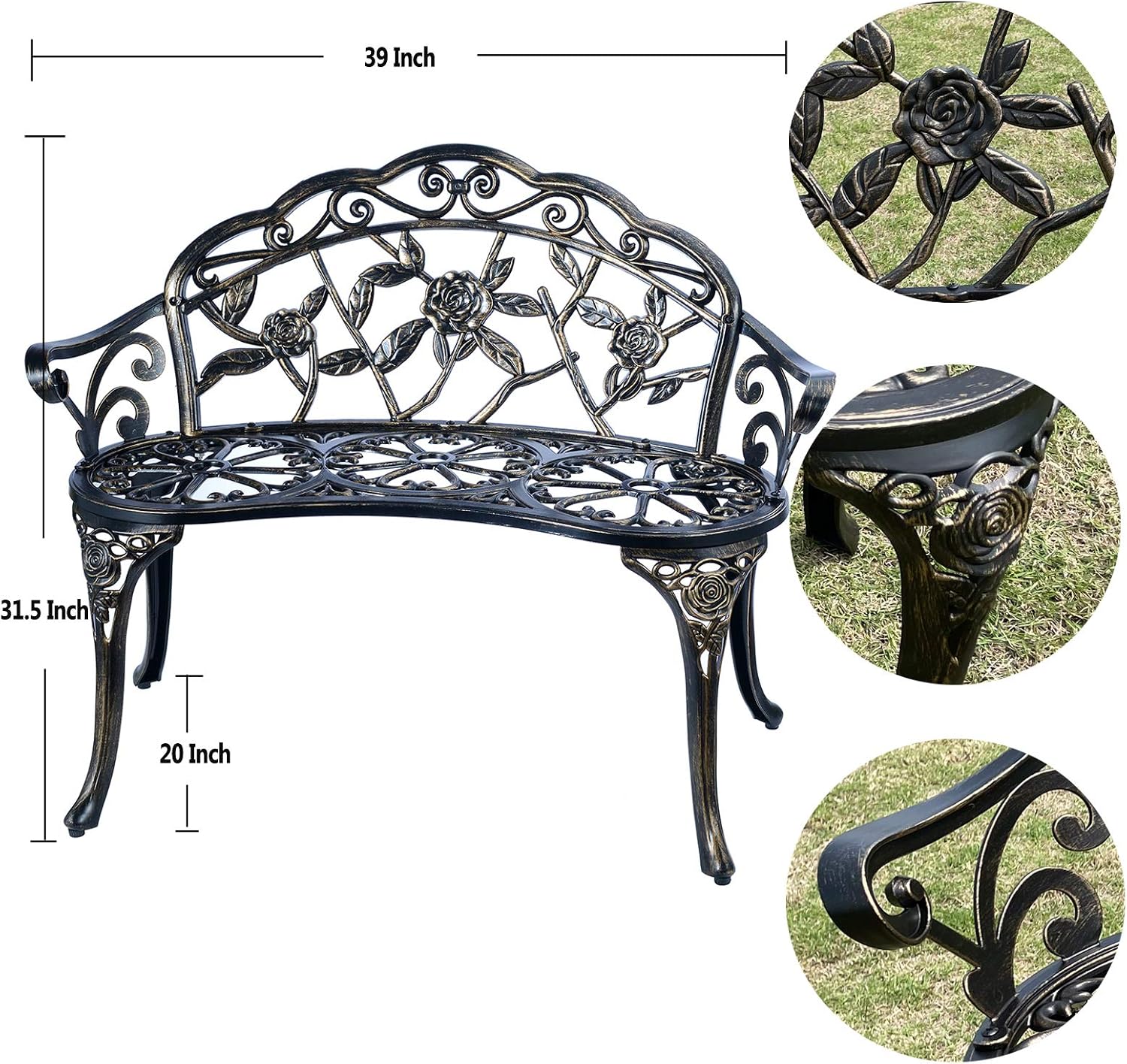 Copper Cast Aluminum Carved Patio Bench