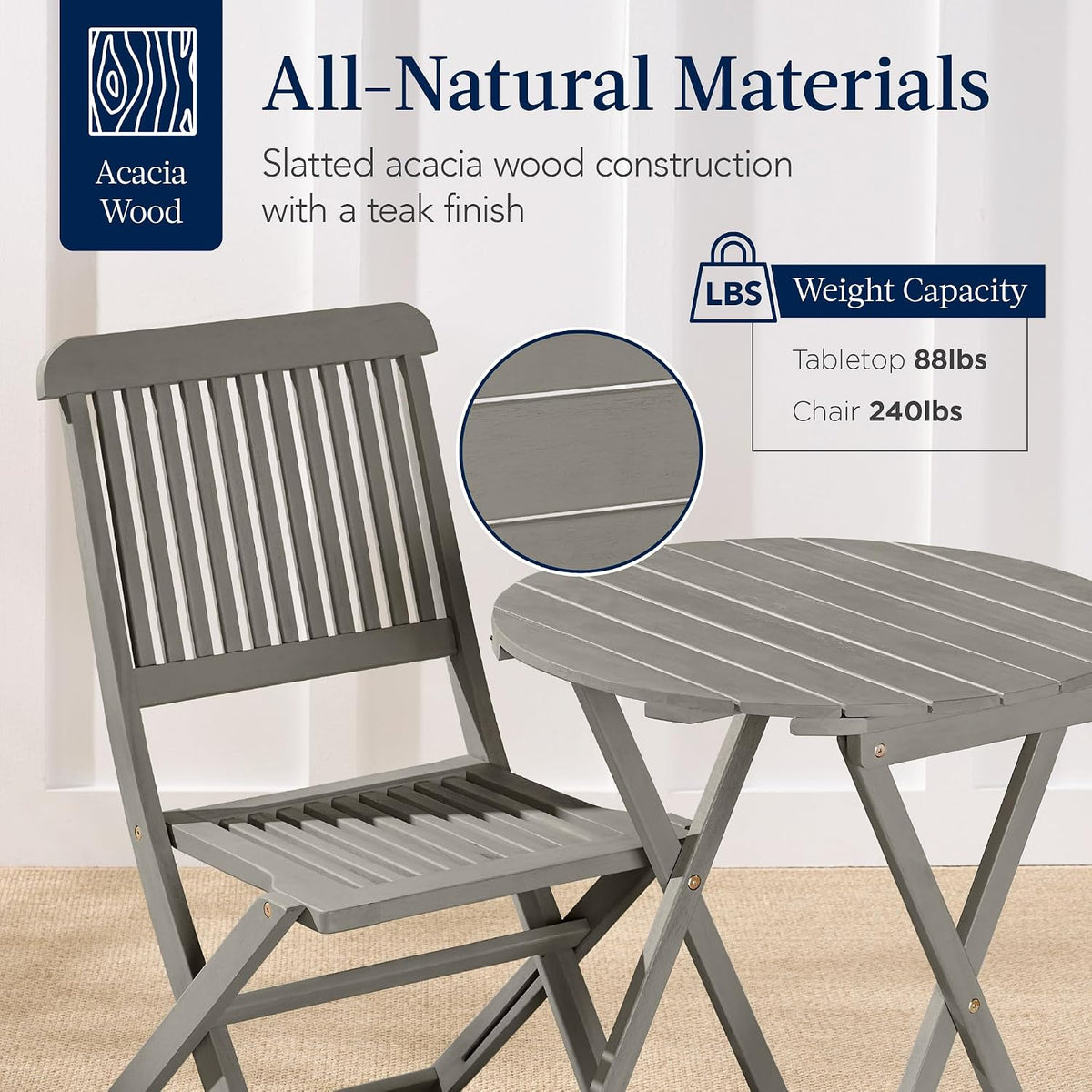 Gray Acacia Wood 3 Piece Patio Bistro Set