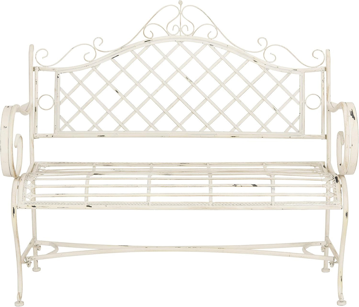 Antique White Scroll Iron Outdoor Garden Bench