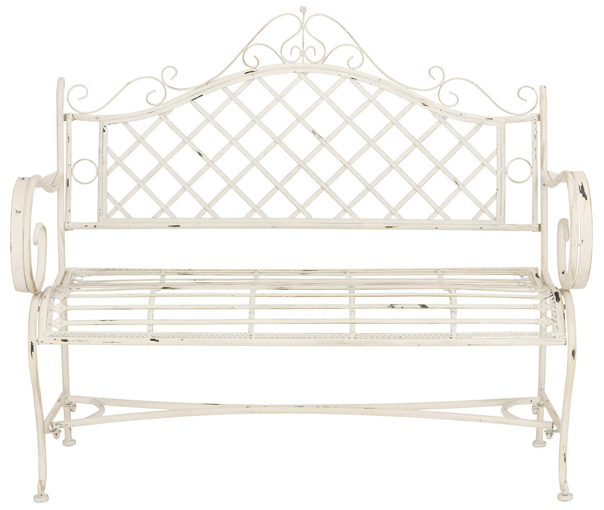 Antique White Scroll Iron Outdoor Garden Bench