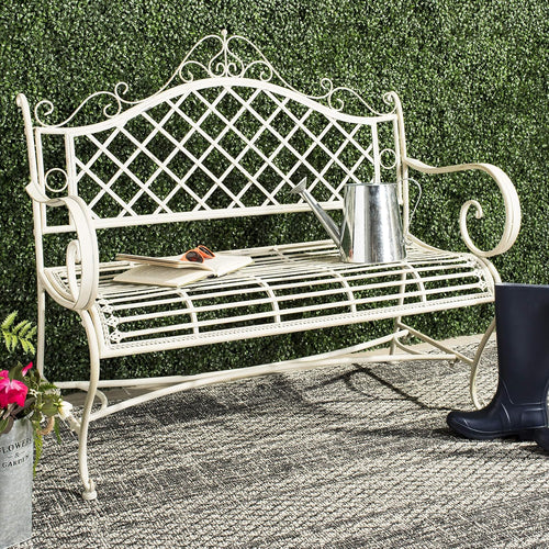 Antique White Scroll Iron Outdoor Garden Bench